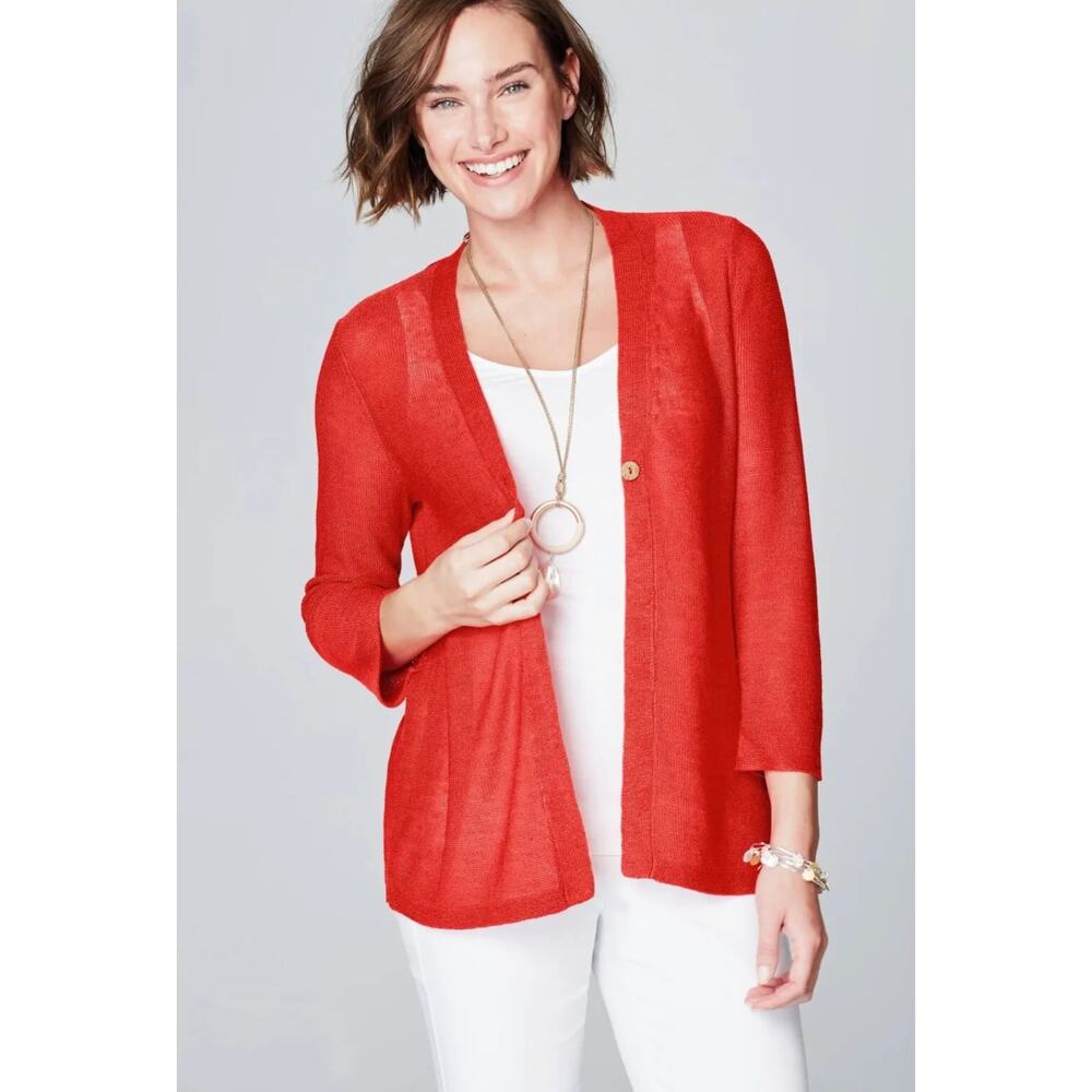 J. Jill Linen blend V-Neck Button Lightweight Cardigan Papaya Women's Sz L